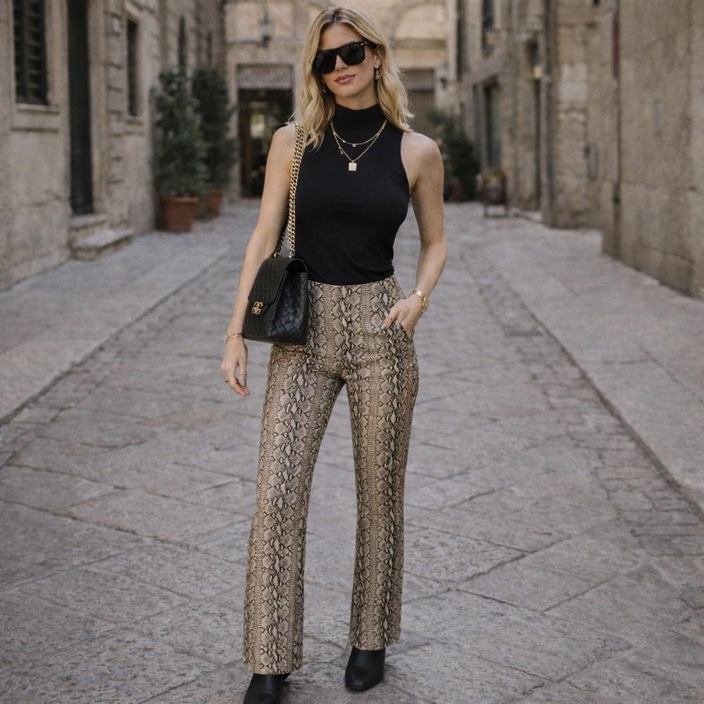 TUSKANY ITALY REAL LEATHER SNAKESKIN PRINT LINED FLARE PANTS SIZE XL